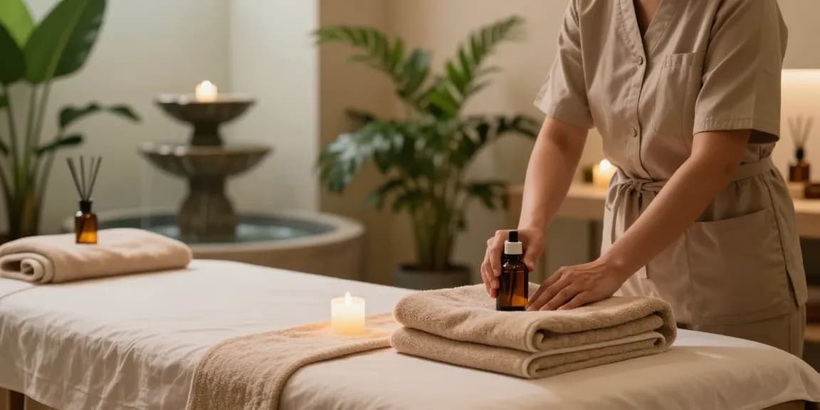 Relaxing 구로출장마사지 spa scene with soothing oils and tranquil ambiance.