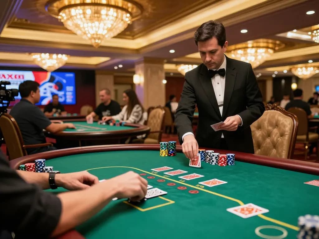 Players enjoying competitive gameplay at MAX88 CASINO with vibrant atmosphere and dealer in action
