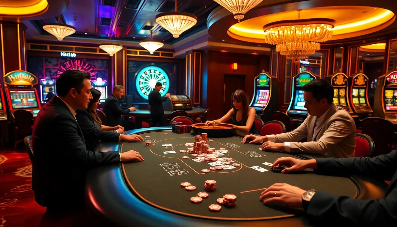 Action-packed poker game at hitclub showcasing vibrant chips and glowing casino elements.