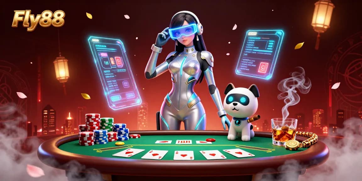 Engage in thrilling gambling at Fly88, featuring a stunning futuristic woman and a cartoon robot dog in a vibrant casino scene.
