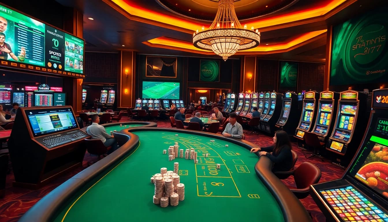 Exciting scene of Trang chủ oxbet with lively betting terminals and poker tables in a luxurious casino.