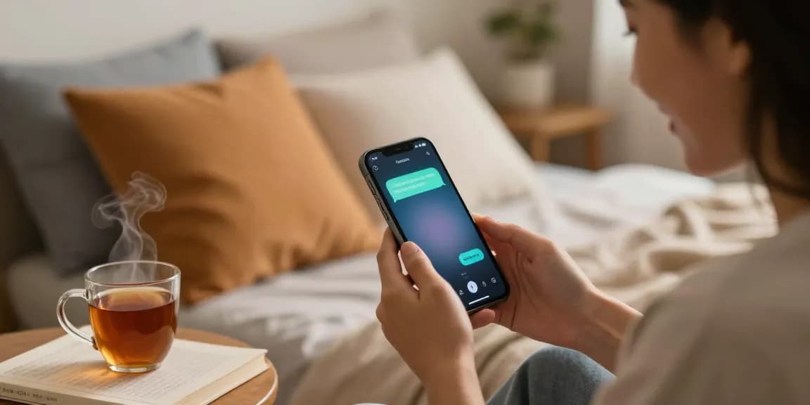 Sexting AI interaction in a cozy bedroom setting, showcasing digital intimacy in a warm atmosphere.