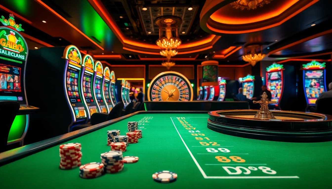 Gamblers celebrating wins at a DA88-themed casino table filled with poker chips and vibrant slot machines.