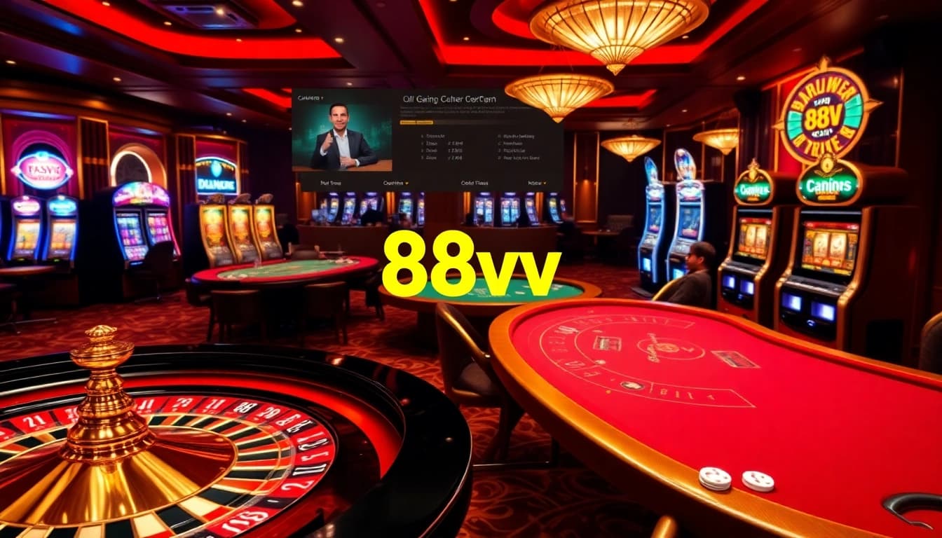 Exciting scene of 88vv casino with roulette and poker tables, showcasing vibrant gambling atmosphere.