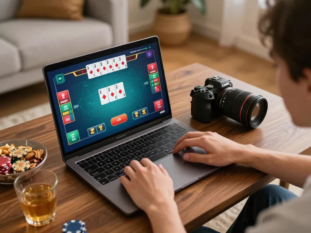 DABET player enjoying an online poker game on laptop, showcasing strategic gameplay in a cozy setting