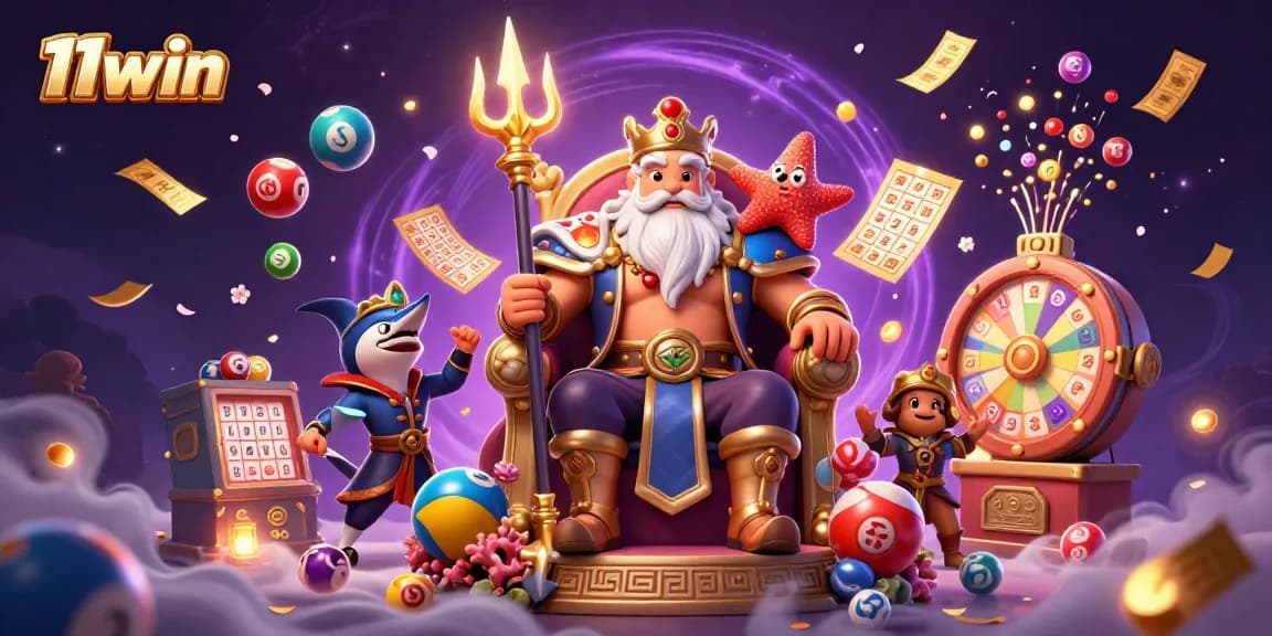 Experience excitement with 11win as colorful lottery balls cascade in a vibrant casino scene.