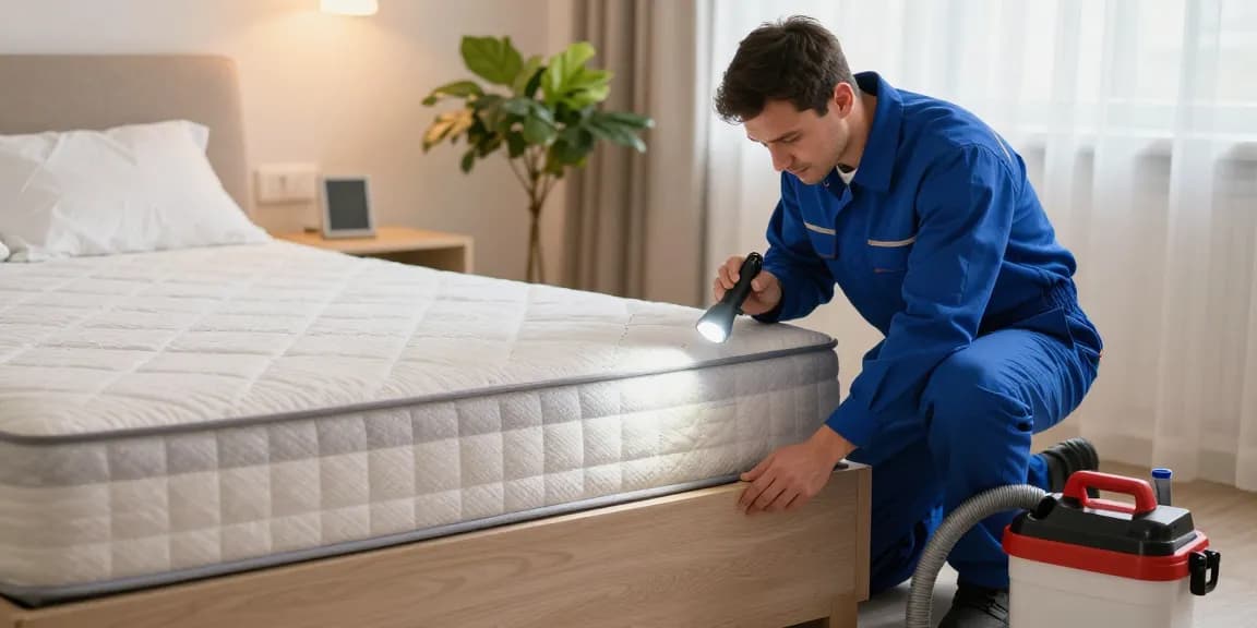 Bed bug exterminator inspecting bedroom seams for bed bug presence during treatment.