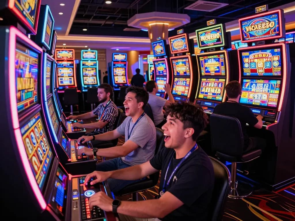 Players celebrating big wins while playing slot machines showcasing engaging bonuses and thrilling gameplay.