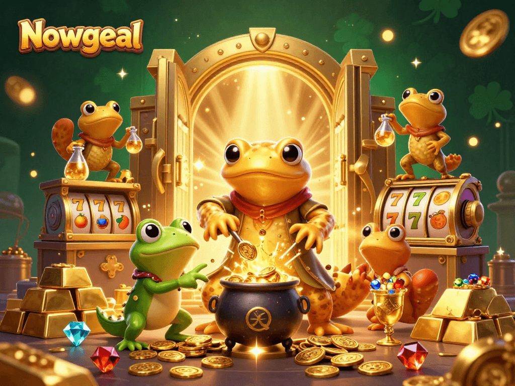 Nowgoal inspires players with a magical 3D scene featuring an alchemist and cauldron of gold