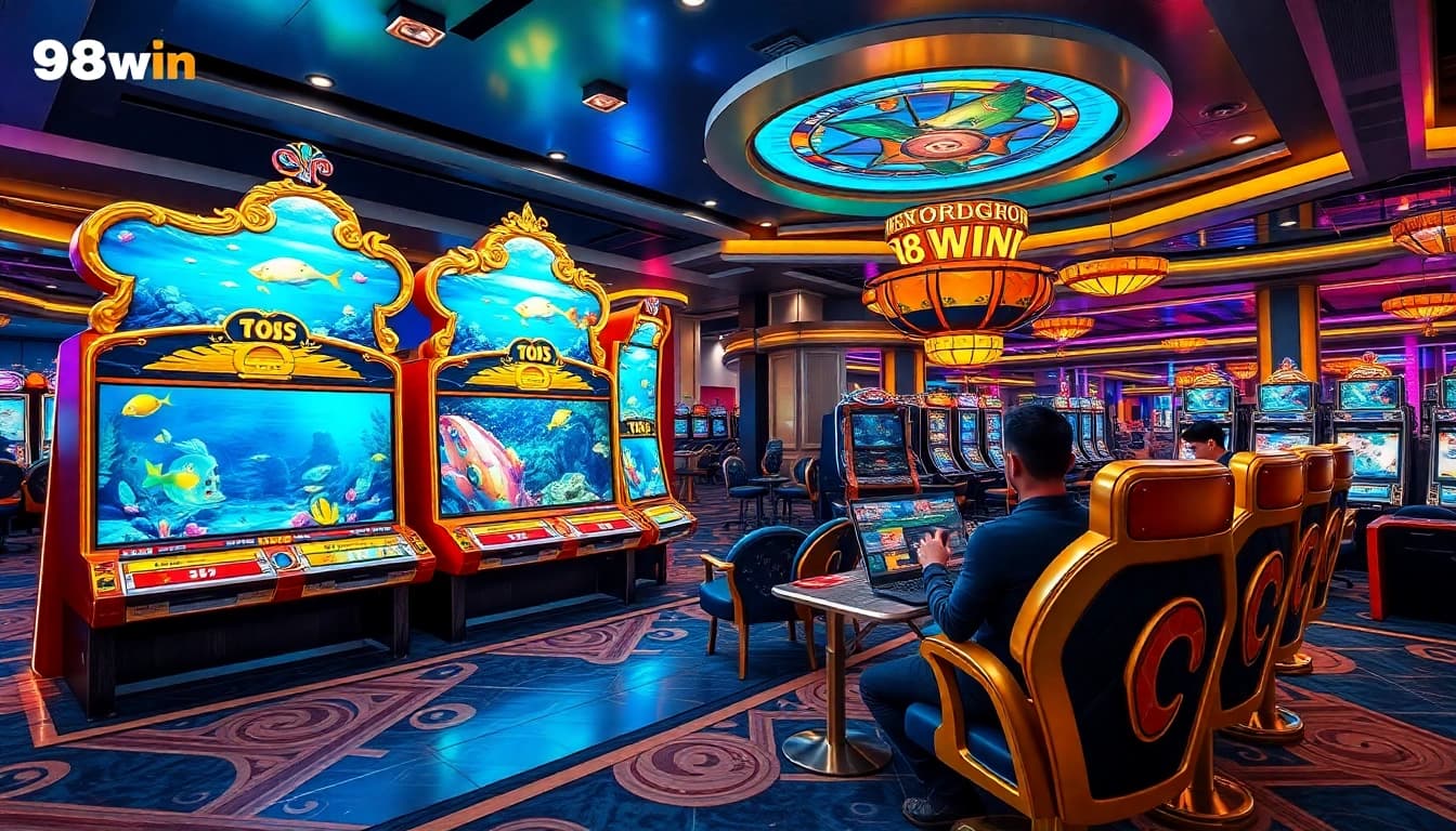 Bắn cá 98Win game interface with colorful aquatic visuals and dynamic fish targets.