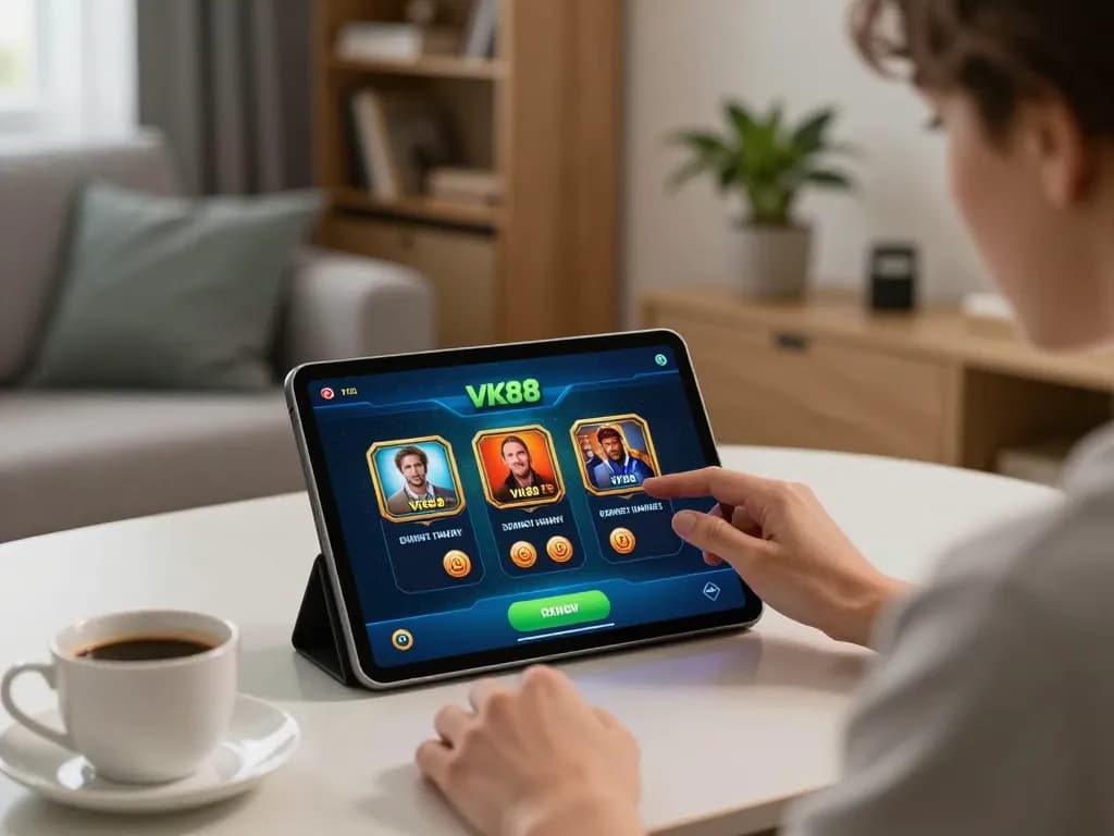 Person engaging with the VK88 casino app on a tablet, showcasing responsible online gambling.