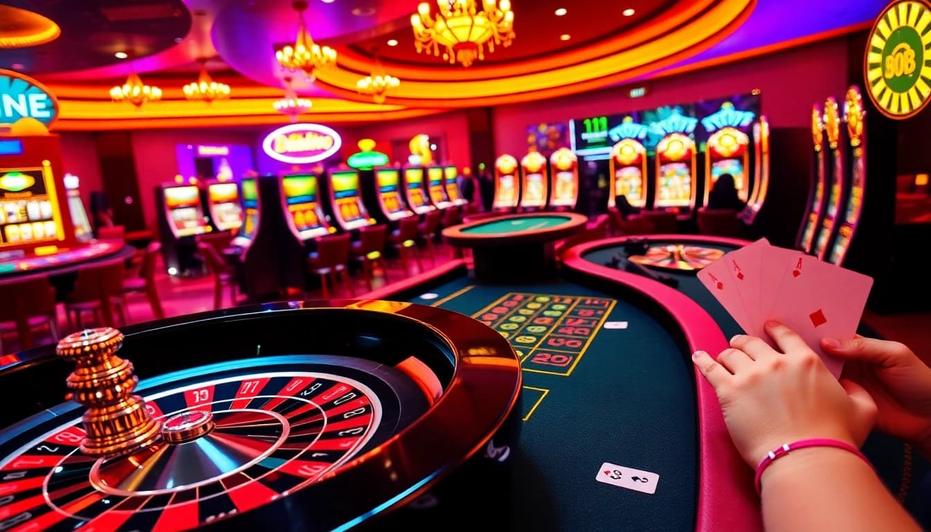 Action-packed casino scene showcasing excitement at https://bem88.io/ with roulette, poker, and vibrant slots.