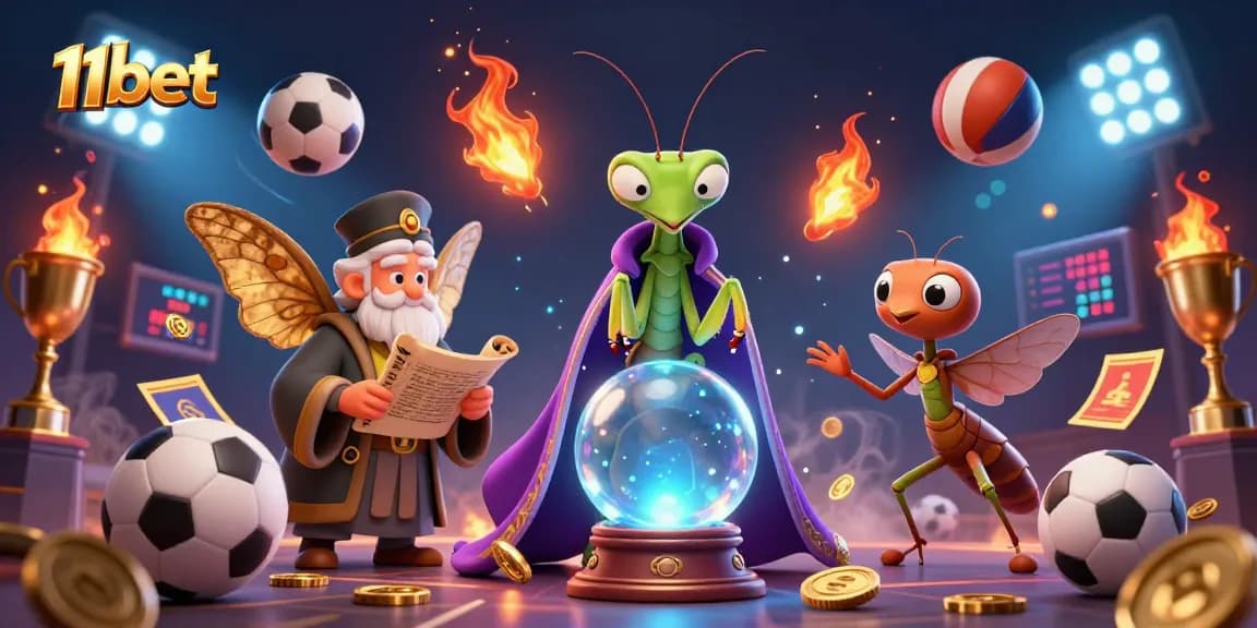 Experience thrilling action with 11bet, a dynamic casino scene featuring vibrant sports elements and mystical characters.
