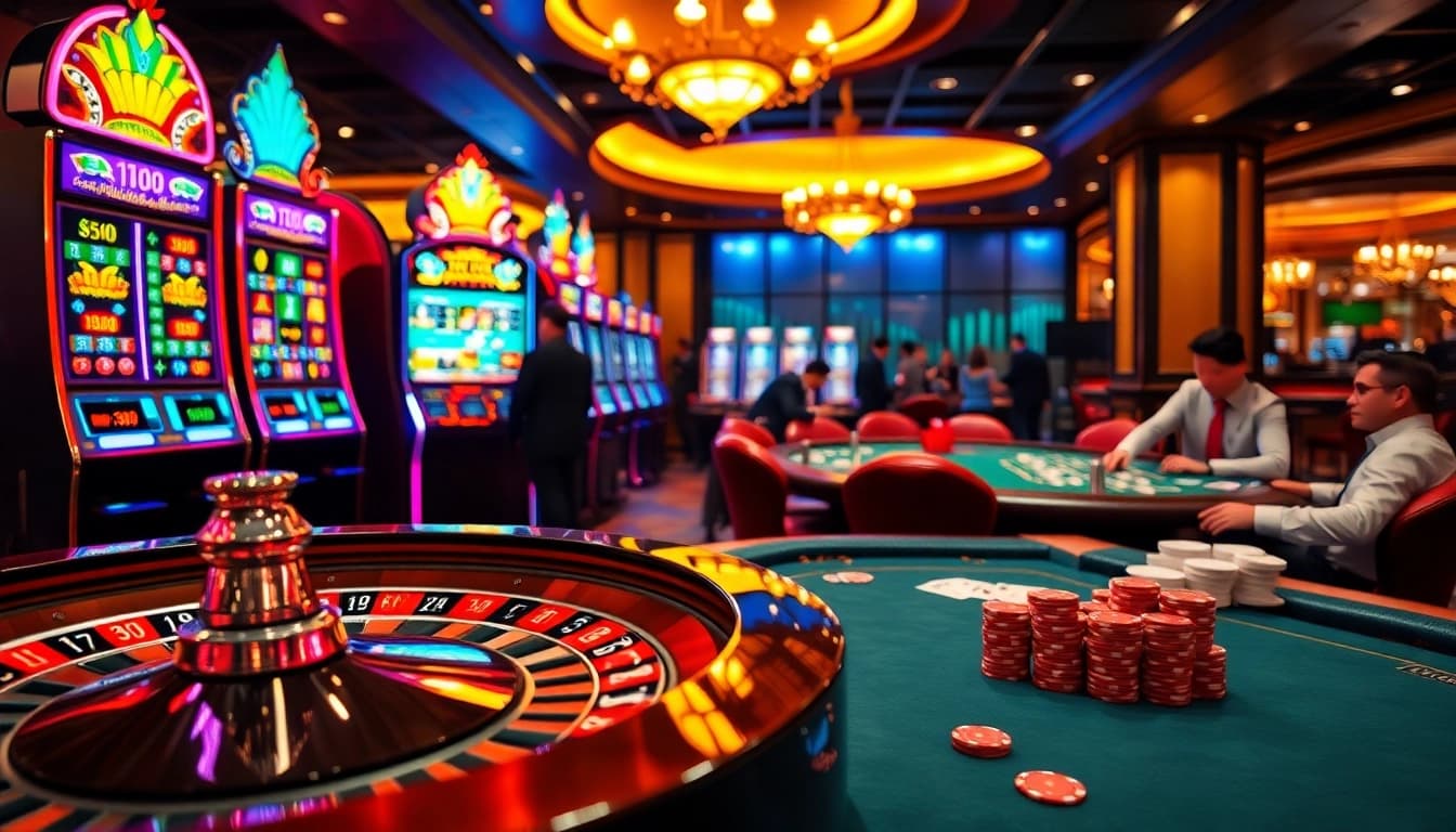 Bettors engaging with slot machines and poker tables at https://bem88.com, showcasing excitement in a luxurious casino.