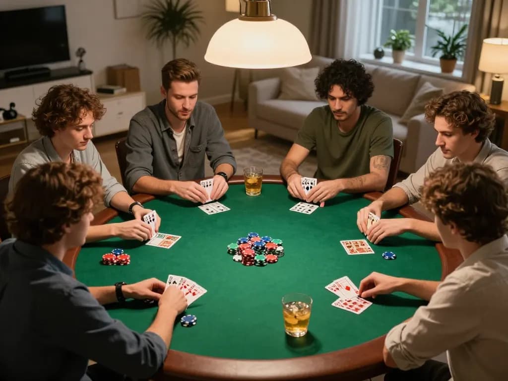 DABET HOA KỲ poker game night with friends engaged at a round table, showcasing vibrant chips and cards.