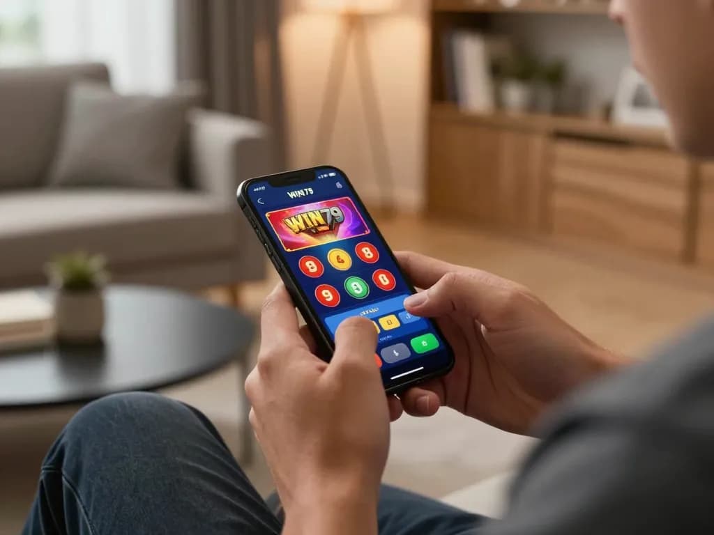 Player navigating the vibrant WIN79 app on a smartphone in a cozy living setting for online gaming.