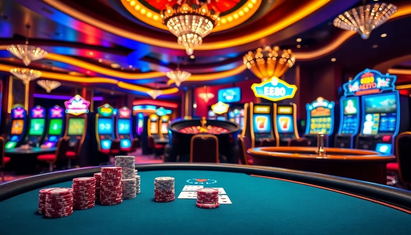 Exciting game action at casino ee88 featuring roulette, blackjack, and vibrant slot machines.