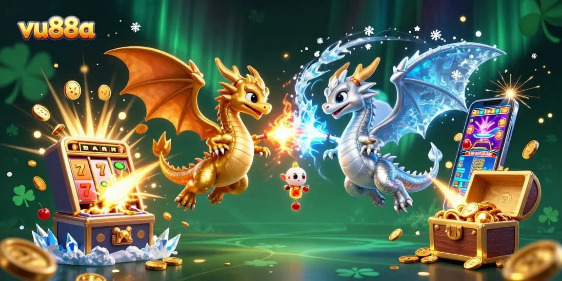 Experience excitement with vu88a's vibrant dragons and dynamic casino elements in 3D illustration.