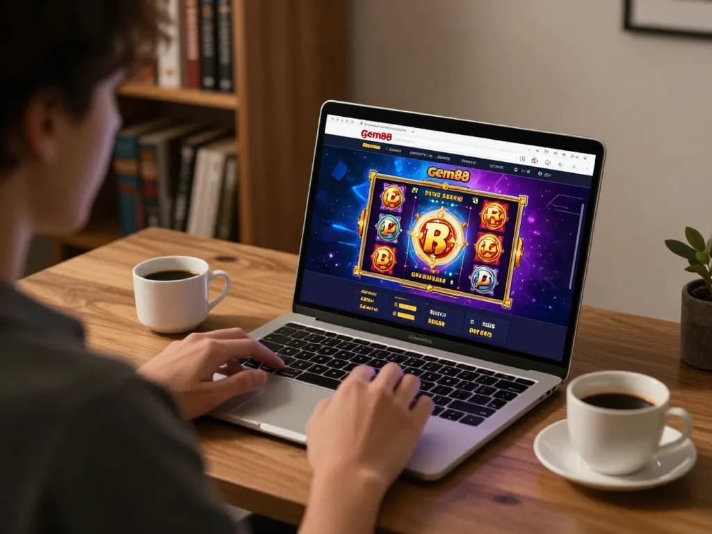 Engaging gameplay on gem88 casino website from a cozy home desk with a laptop and coffee.