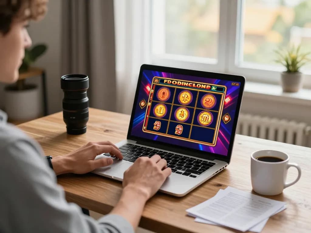 Player engaging with winwin online slot game on laptop, bright home ambiance, showcasing responsible gaming.