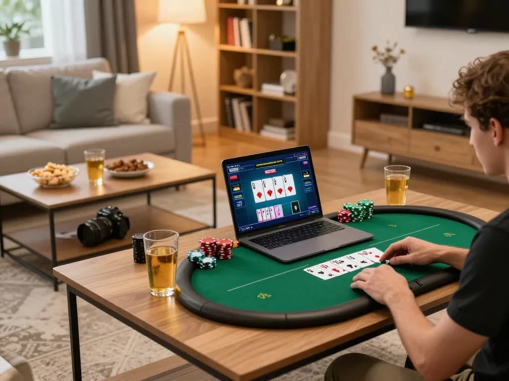 Person engages in an online poker game at home, showcasing their strategy with ee88.