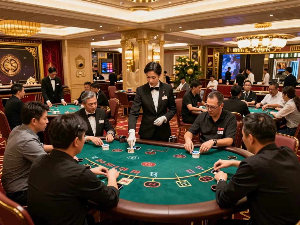 Players strategize and play blackjack in a lively hk casino, showcasing the thrilling gaming atmosphere