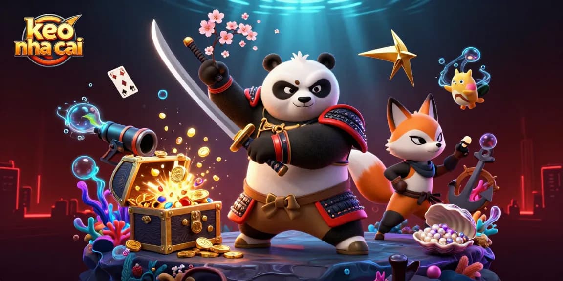 Bet on keo nha cai with engaging 3D casino art featuring samurai panda and ninja fox.