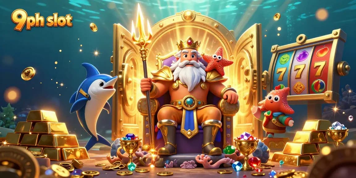 Experience excitement with 9ph slot as Neptune and friends reveal treasures in a rich casino scene