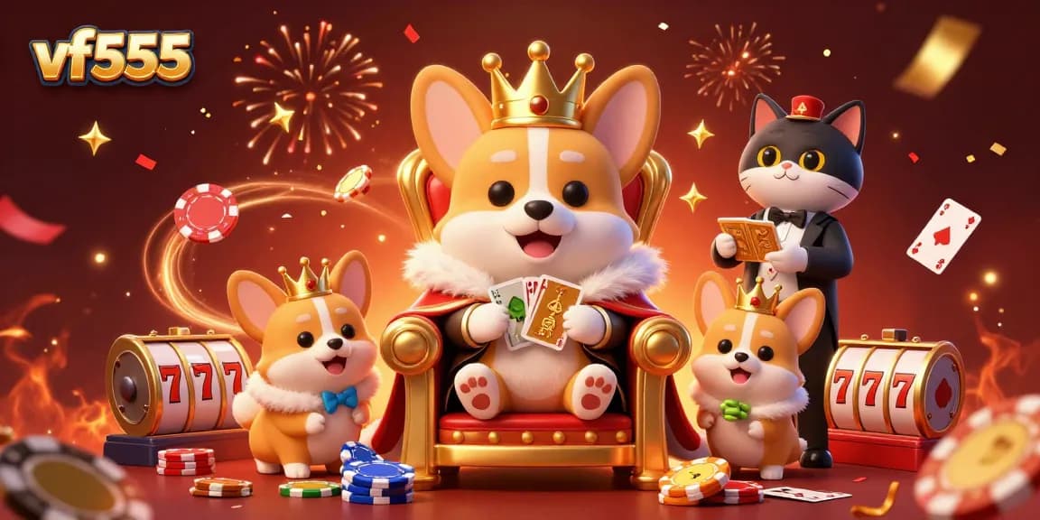 Enhance your winning strategies at vf555 with a vibrant 3D casino scene featuring a royal corgi.