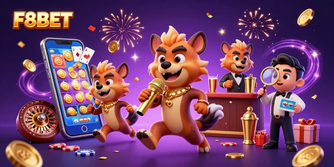 Experience exciting gaming adventures with F8BET's vibrant cartoon hyenas in a comedic casino scene.