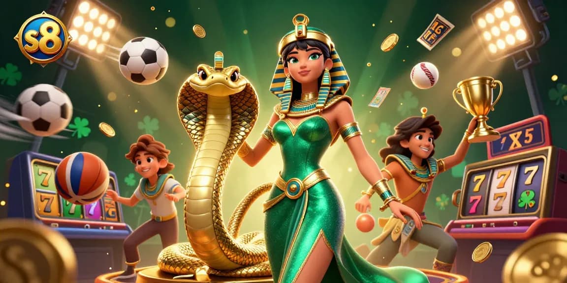 S8 casino excitement illustrated with a stunning woman, golden cobra, and vibrant games
