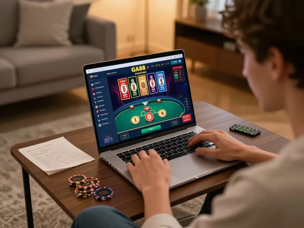 Engaging in online casino gameplay on GA88 with a laptop in a cozy home setting.