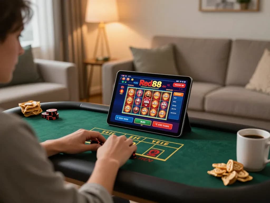 Player engaging with Red88 casino on tablet in a cozy home setting, highlighting strategic online gaming.
