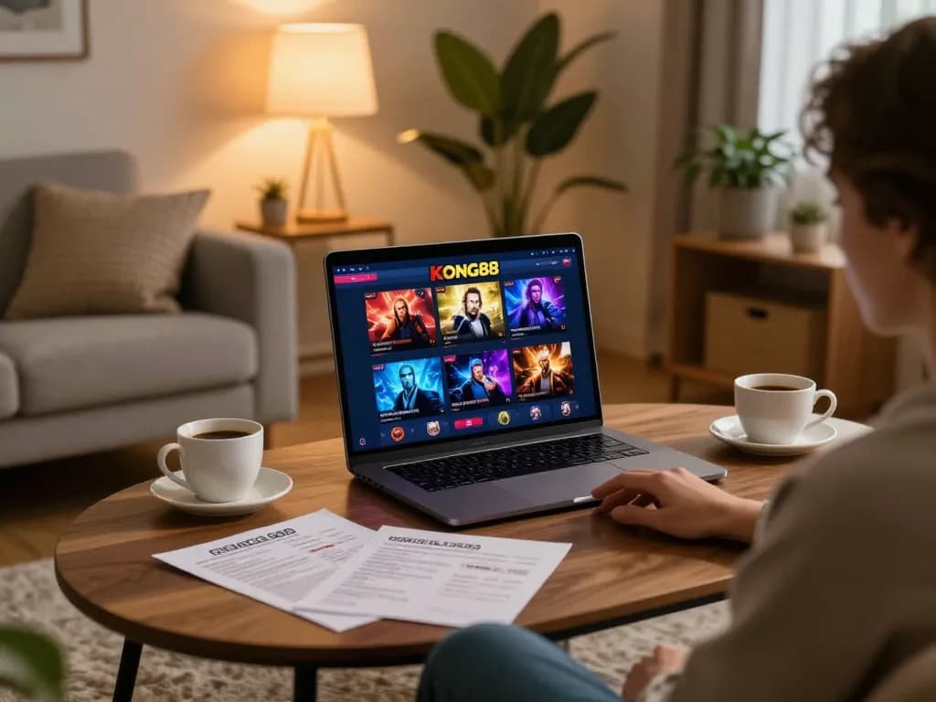 KONG88 player engaged in online gambling with warm ambiance and strategic notes present