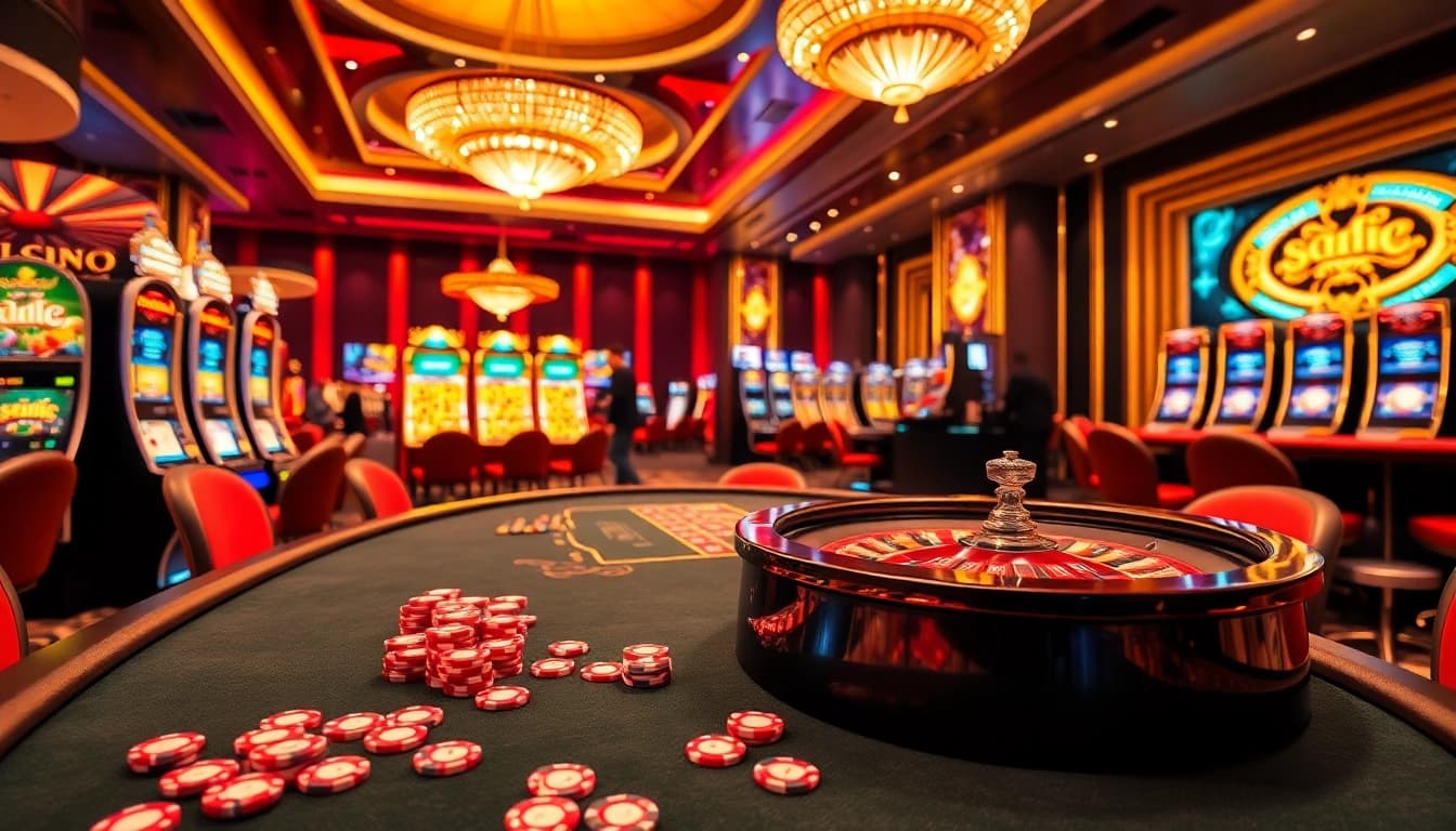 Players engaging in exciting games at MV 66 casino tables featuring vibrant slot machines and poker chips.