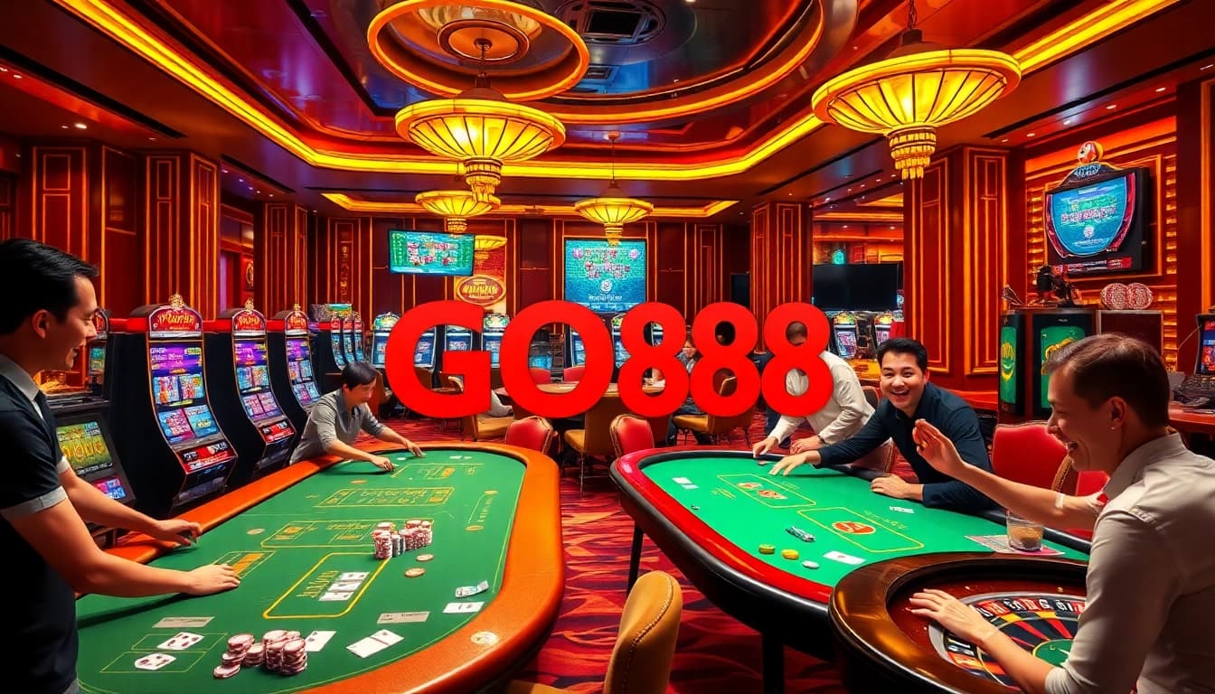 Players enjoying an exciting game of GO88 in a luxurious casino atmosphere with vibrant slot machines.