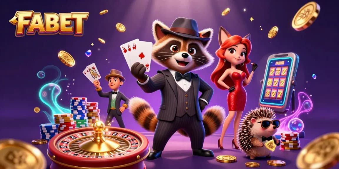FABET presents a thrilling casino scene with animated characters enjoying vibrant gaming action and excitement.