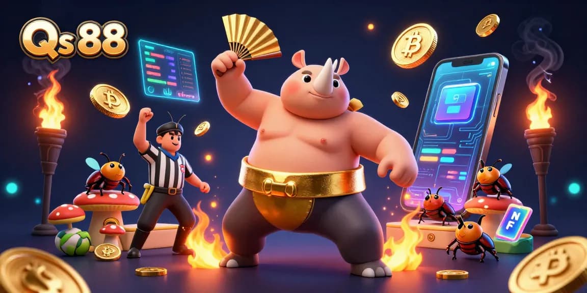 Experience thrilling moments at Qs 88 with a vibrant 3D illustration of an action-packed casino scene.
