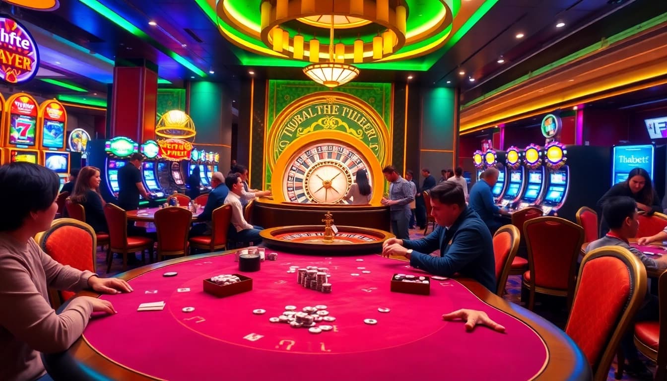 Thabet77 engaging casino scene with vibrant poker tables and slot machines for thrilling gambling experiences.