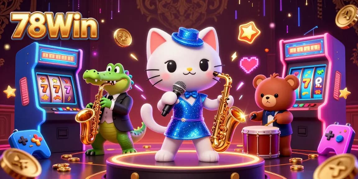 Experience excitement at 78Win with a jazzy illustration of lively casino characters and games.