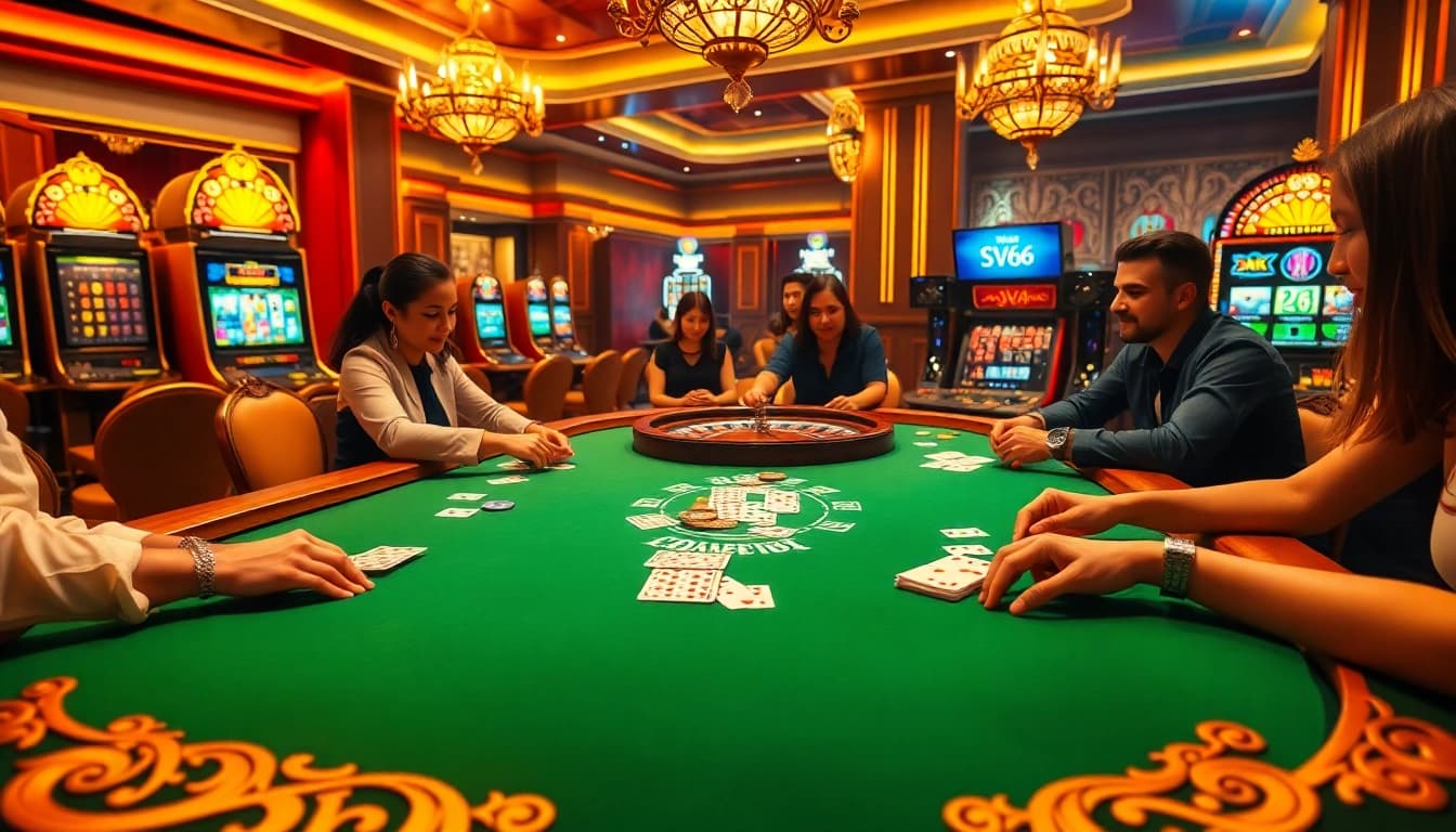 Players enjoying high-stakes poker at SV66 casino, surrounded by luxurious gaming elements.