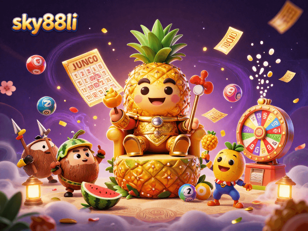 Engage with sky88li's vibrant casino adventure featuring a golden pineapple king and colorful gaming elements.