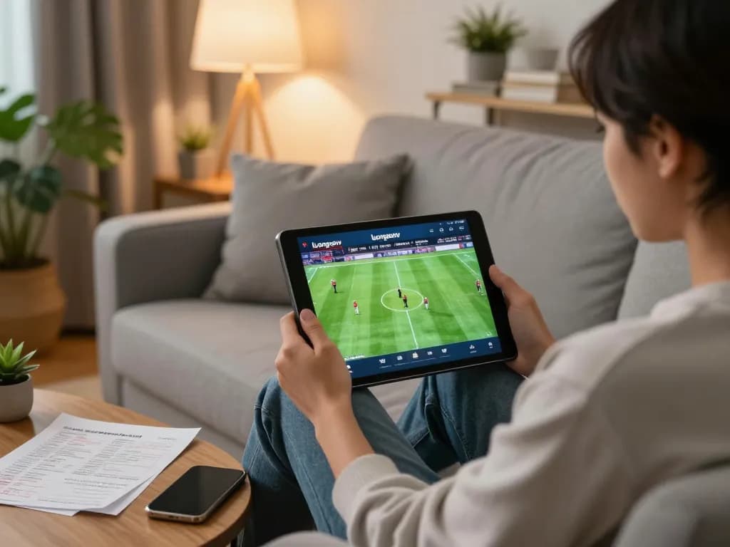 Xem bóng đá trực tuyến on a tablet in a cozy home setting with comfortable decor and strategic notes nearby.