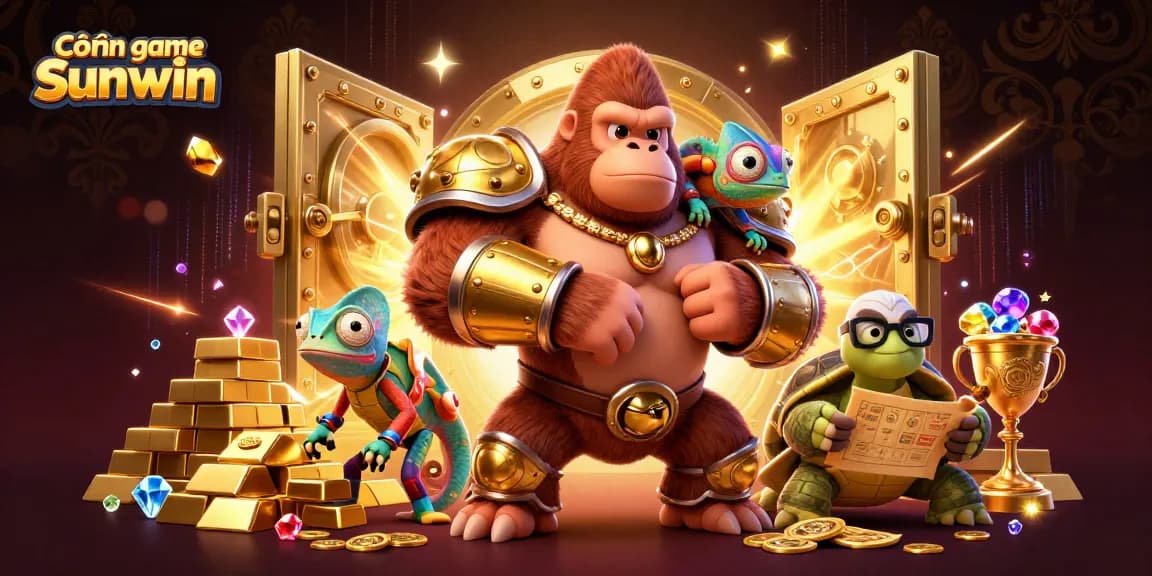 Cổng game Sunwin showcases thrilling gameplay with a powerful gorilla king and vibrant casino elements.