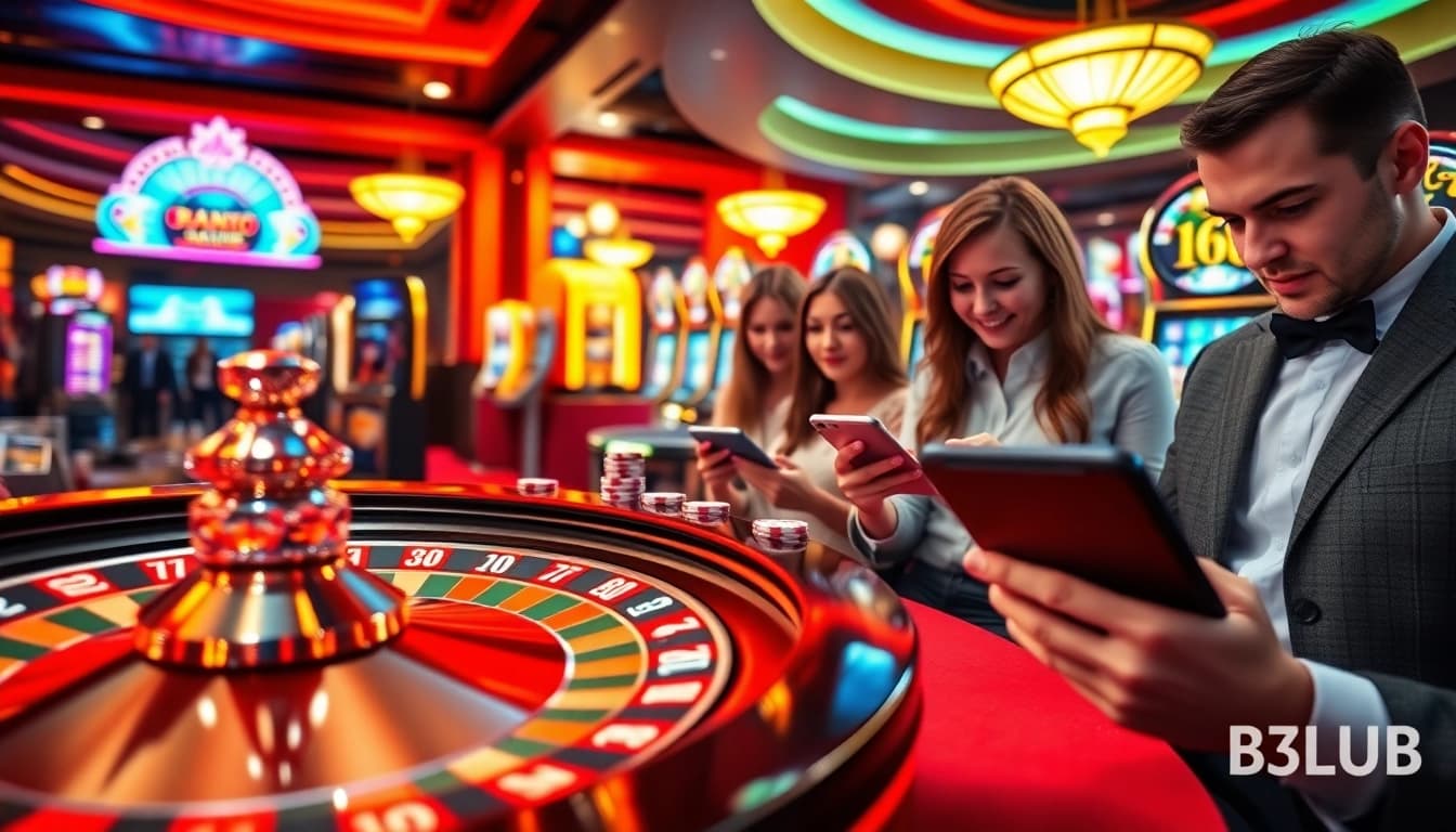 Players enjoying thrilling games at B52CLUB, featuring colorful slot machines and poker chips.