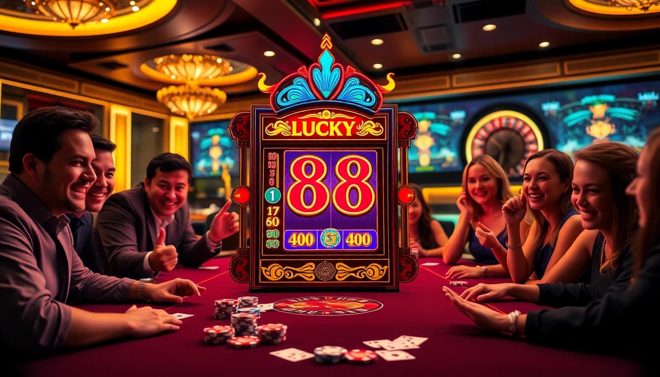 Experience the thrill of the lucky88 bet at a vibrant casino scene with players and slots.