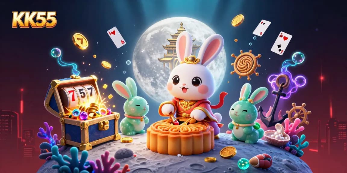 Engage with KK55 by spinning the jackpot slots, revealing treasures with a moon rabbit.
