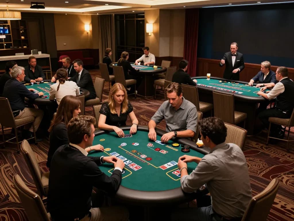 Players engage in strategic blackjack games at Vuabet88i's upscale casino floor.