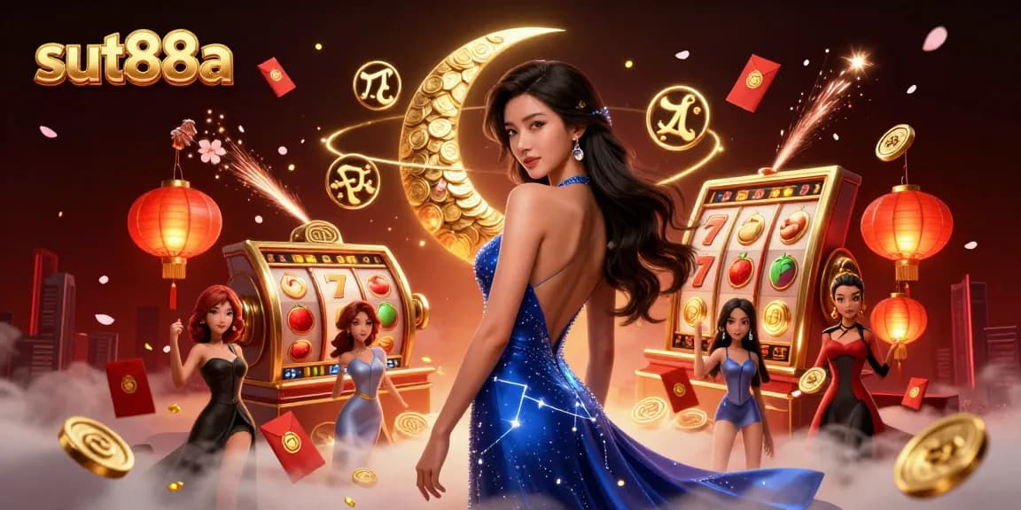 Spin the reels for big wins at sut88a, featuring an elegant Asian woman amidst festive casino elements.