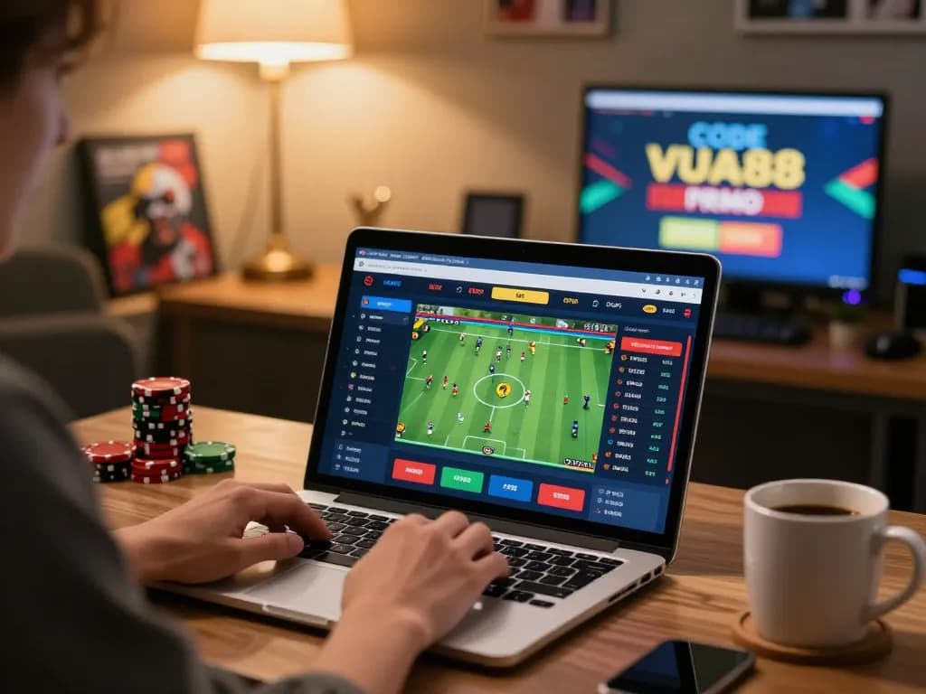 Engaging in online sports betting with CODE VUA88 on laptop during a dynamic gaming session.